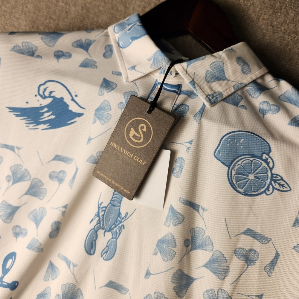 Swannies Golf Jake Polo Mens S White Blue Nautical Coastal Print Lobster Beach